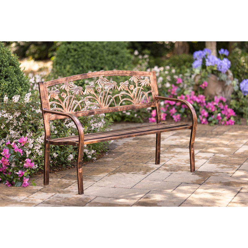 Evergreen Deck & Patio Decor,Metal Coneflower Bench,50x21x34 Inches