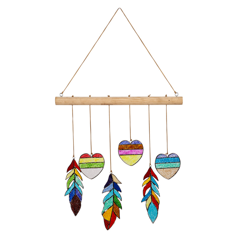 Stained Glass Heart and Feather Hanging Mobile, 20.9'' x 1.6'' x 23'' inches