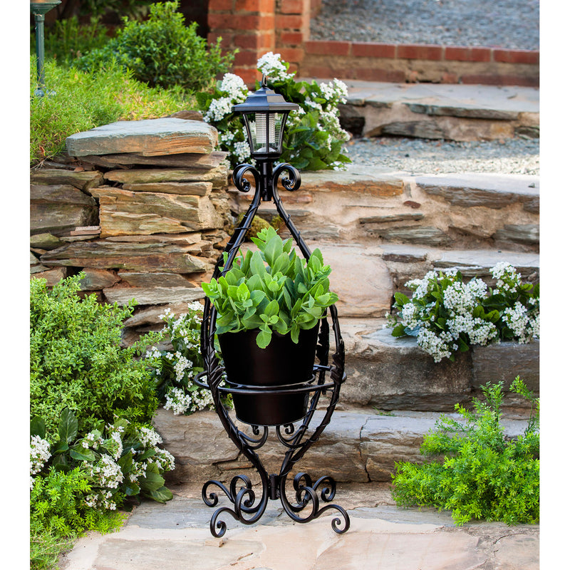 Black Wrought Iron Plant Stand with Solar Light,8pmtl228