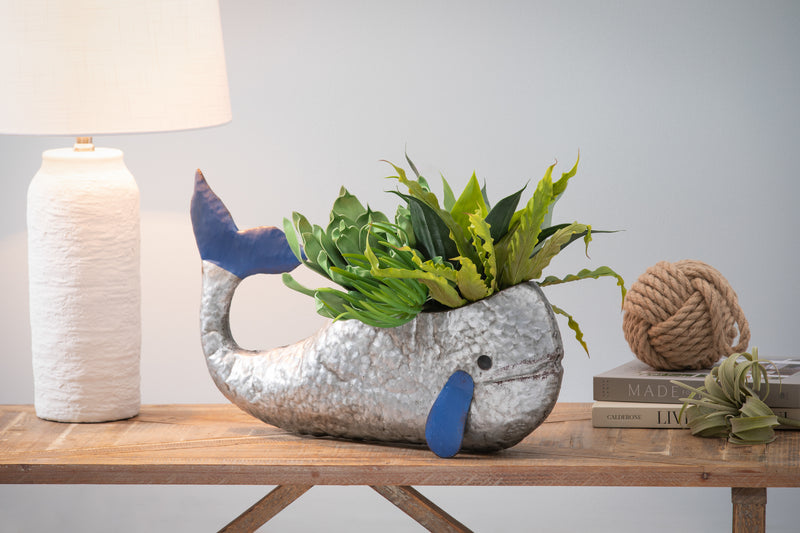 Galvanized Metal Whale with Blue Fins and Tail Planter,8pmtl350