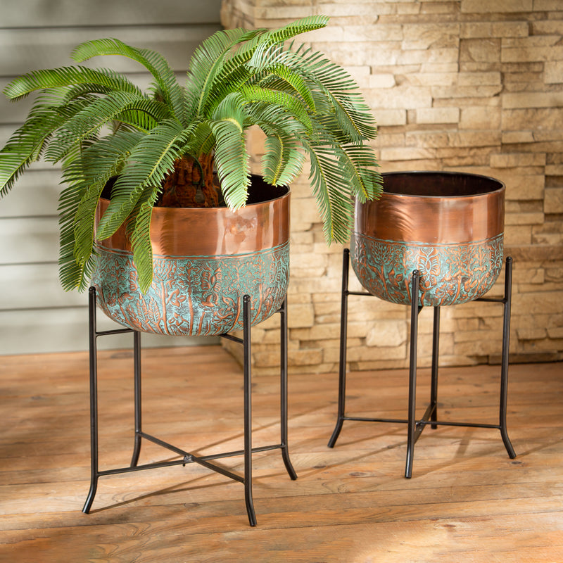 Copper Antique with Distressed Patina Round Metal Planter, Set of 2,8pmtl371