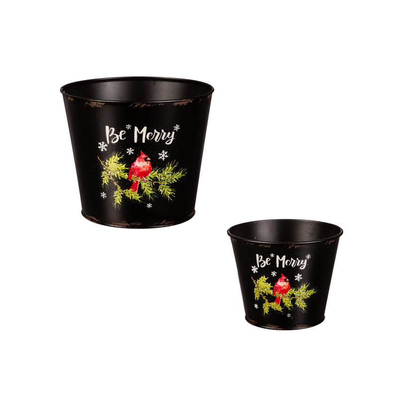 Black Galvanized Planter, Nested Set of 2, "Be Merry",8pmtl401