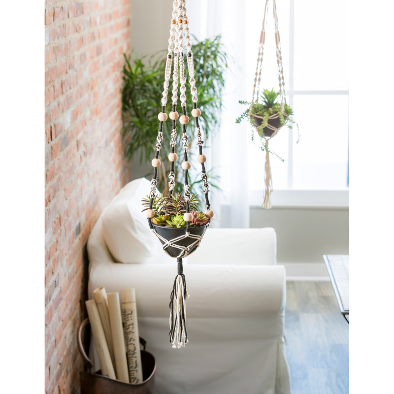 Black and Ivory Macrame Hanging Planter 2 Asst,8pmtl5196