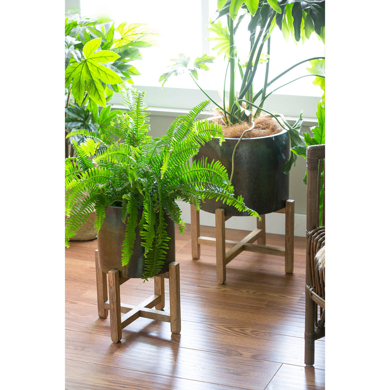 Evergreen Deck & Patio Decor,Metallic Patina Planter With Wood Stand Set of 2,14.2x14.2x19.6 Inches