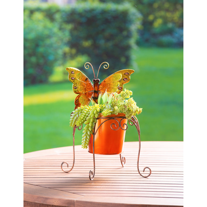 Evergreen Deck & Patio Decor,Metal Butterfly Pot Holders, Orange and Yellow,6.7x6.7x15.5 Inches