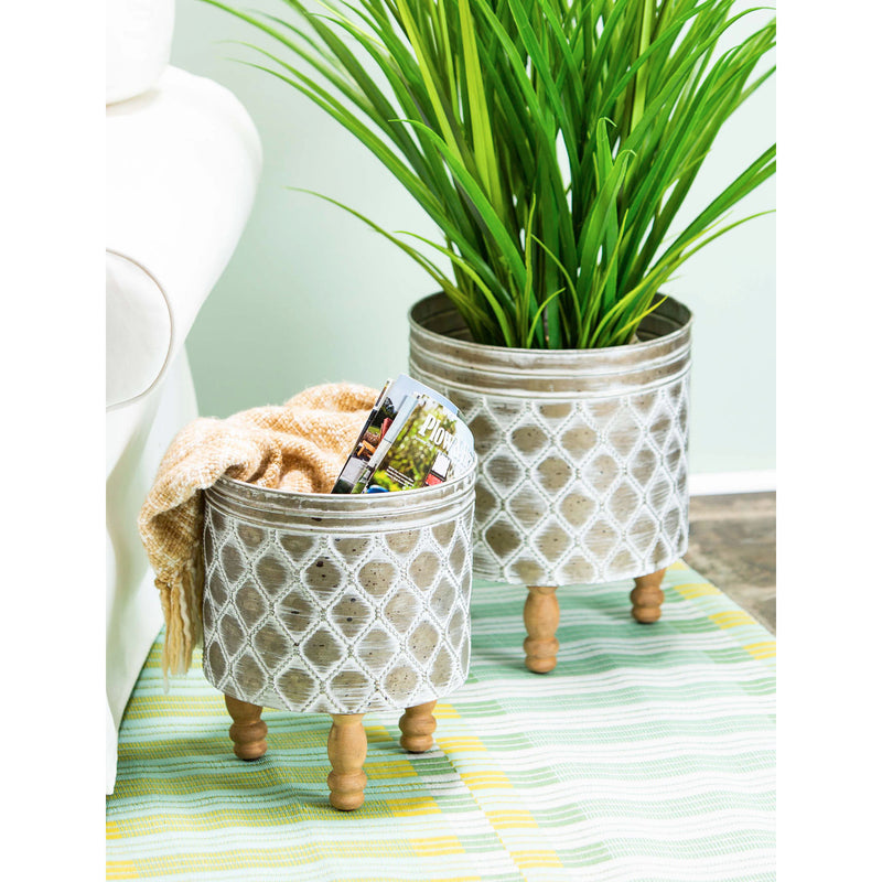 Evergreen Deck & Patio Decor,Embossed Metal Planter with Wood Legs, Set of 2,12.8x12.8x15.4 Inches