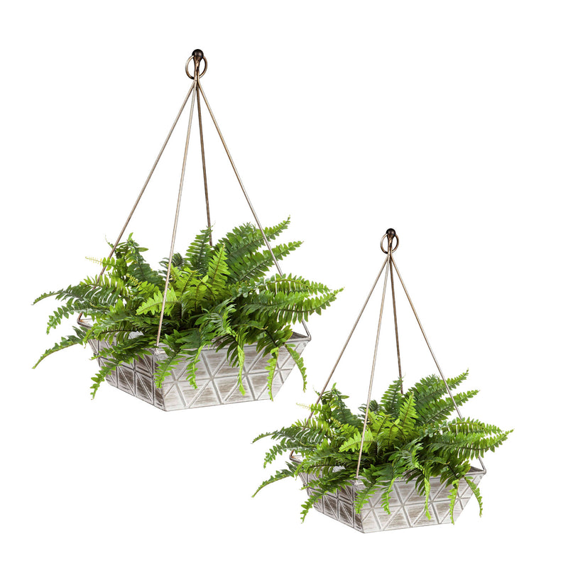 Evergreen Deck & Patio Decor,Geometric Embossed Metal Planter, Set of 2,9.8x9.8x18.8 Inches