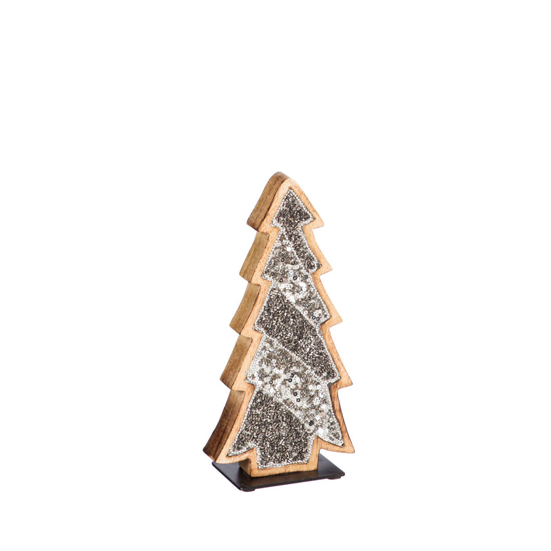 Wood Tree with Silver Sequins and Metal Base, Set of 2,8tam319