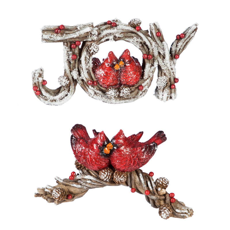 Snow covered cardinal tabletop decoration with berries, 2 Assorted