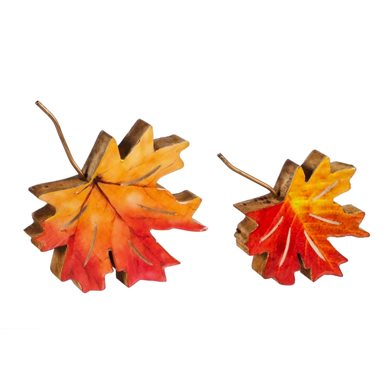 Multi-color Wood Leaf Tabletop Decoration, Set of 2, 10.5"x1.5"x9"inches