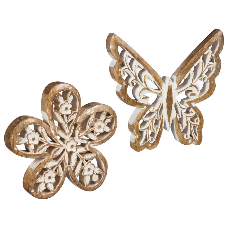 Wood Tabletop Decoration, 2 Assorted: Flower, Butterfly, 7.9'' x 1'' x 7.9'' inches