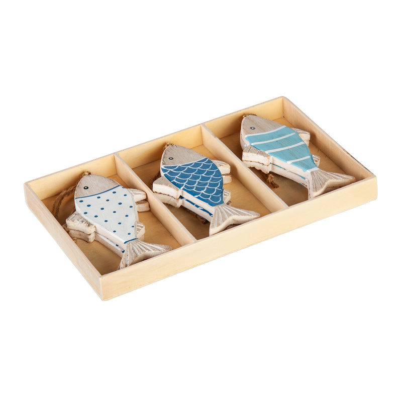 Wooden Fish Hanging Décor 6 Piece Set, 3 Asst design, 2 of each, in Wooden Tray,8taw357