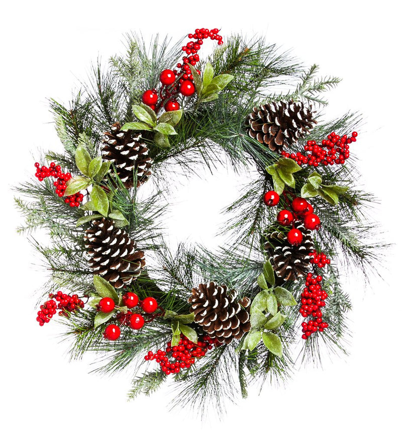 Cypress Home Beautiful Christmas Holly and Pine Cone Wreath Indoor Décor - 24 x 5 x 24 Inches Indoor/Outdoor Decoration for Homes, Yards and Gardens