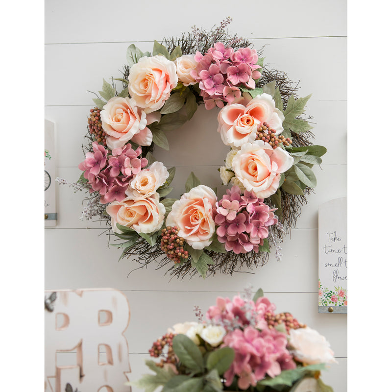 20" Twig Wreath with Roses, Hydrangeas, Pink Flowers, and Berries,8wr160