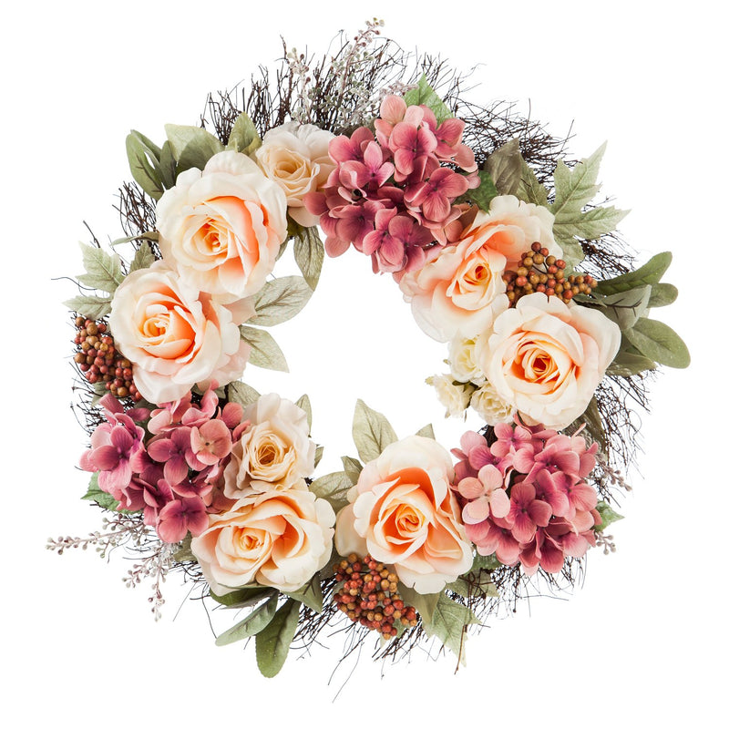 20" Twig Wreath with Roses, Hydrangeas, Pink Flowers, and Berries,8wr160