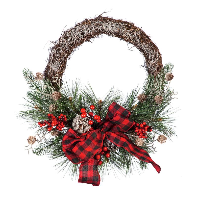 19" Wreath with Artificial and Plaid Bow,8wr180