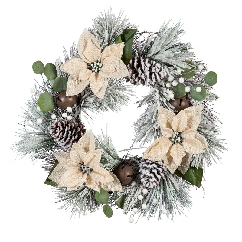 24'' Burlap Poinsettia Snow Pine Spiral Vine Wreath,8wr189