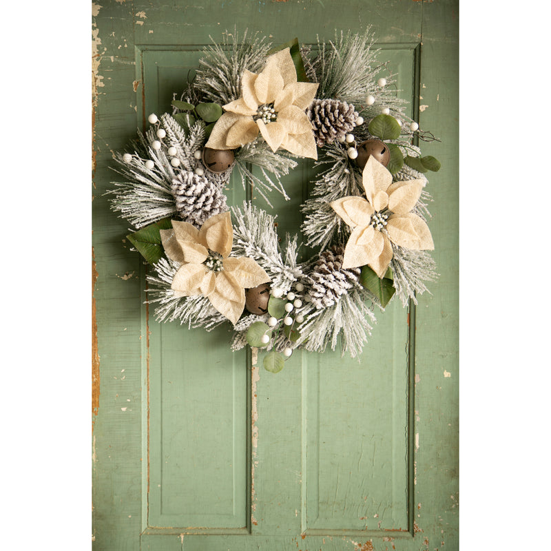 24'' Burlap Poinsettia Snow Pine Spiral Vine Wreath,8wr189