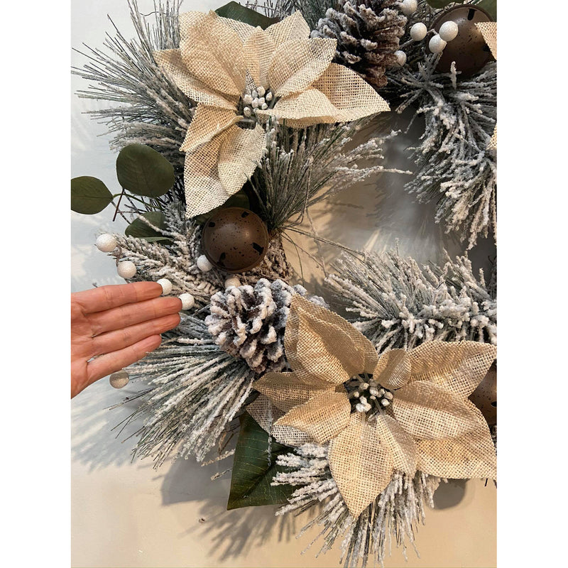 24'' Burlap Poinsettia Snow Pine Spiral Vine Wreath,8wr189