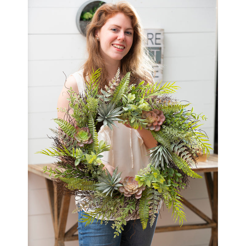 22" Succulent and Fern Spiral Vine Wreath,8wr219