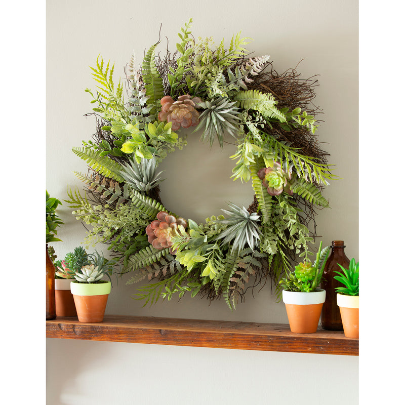 22" Succulent and Fern Spiral Vine Wreath,8wr219