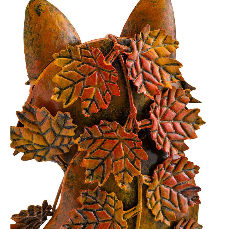 Handcrafted Metal Fox Sculpture Draped in Fall Leaves, 9.25"x11.25"x4.5"inches