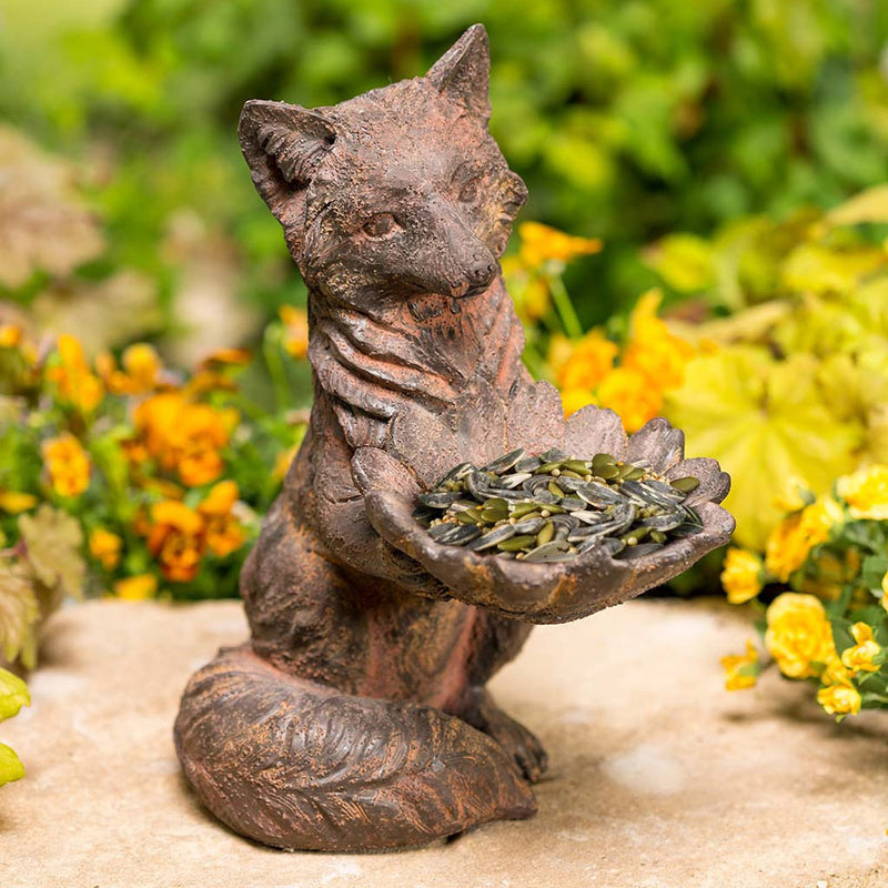 Antiqued Friendly Fox Holding a Leaf Bowl Bird Feeder,go8363