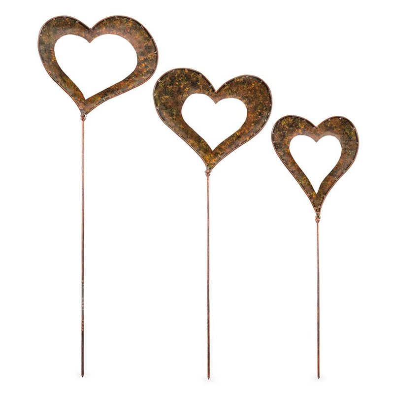 Handcrafted Metal Heart Decorative Garden Stakes, Set of 3, 10"x10"x32"inches