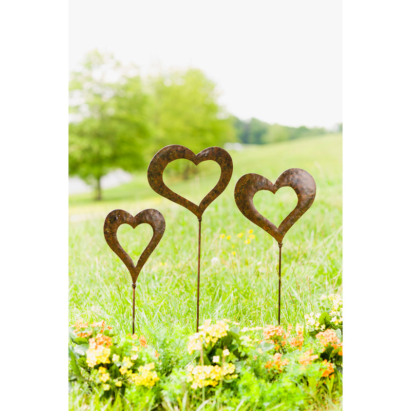 Handcrafted Metal Heart Decorative Garden Stakes, Set of 3, 10"x10"x32"inches