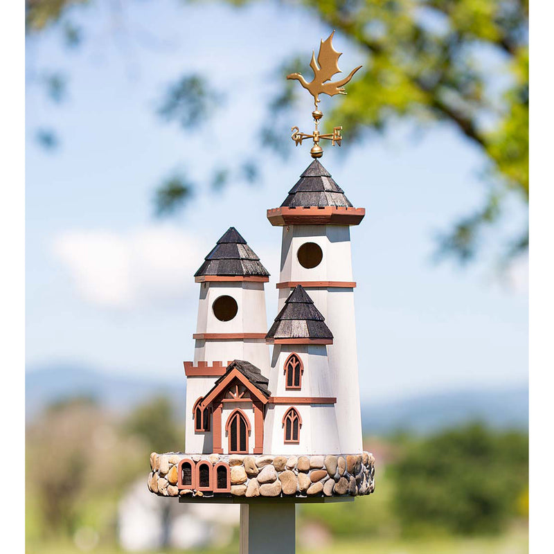 Evergreen Bird House,Three Tower Castle Birdhouse with Dragon Weathervane,7.75x9x16.5 Inches