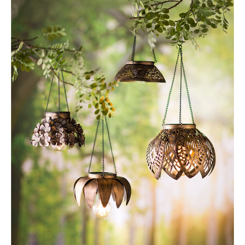 Antiqued Metal Hanging Indoor/Outdoor Flower Light - Flowers,7"x7"x14.96"inches