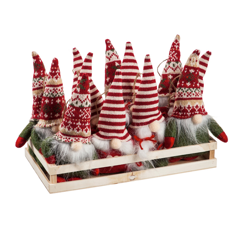 Plush Holiday Gnome Ornament, 2 Asst, 6 of each, 12 Piece Total in Wooden Tray,p1344125