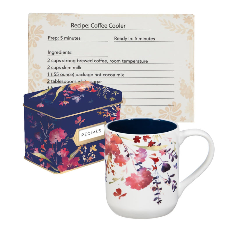 Evergreen Recipe Tin with Recipe Cards and Ceramic Cups, Watercolor Boho, 4.72'' x 3.26'' x 0.8'' inches