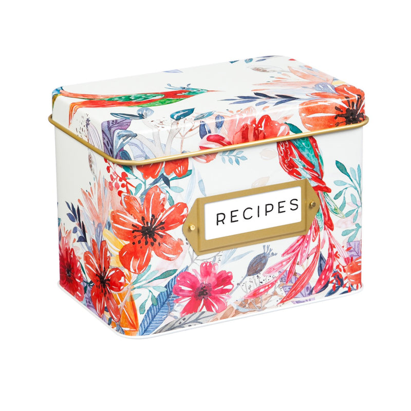 Evergreen Recipe Tin with Recipe Cards and Ceramic Cups, Blooming Garden, 4.72'' x 3.26'' x 0.8'' inches