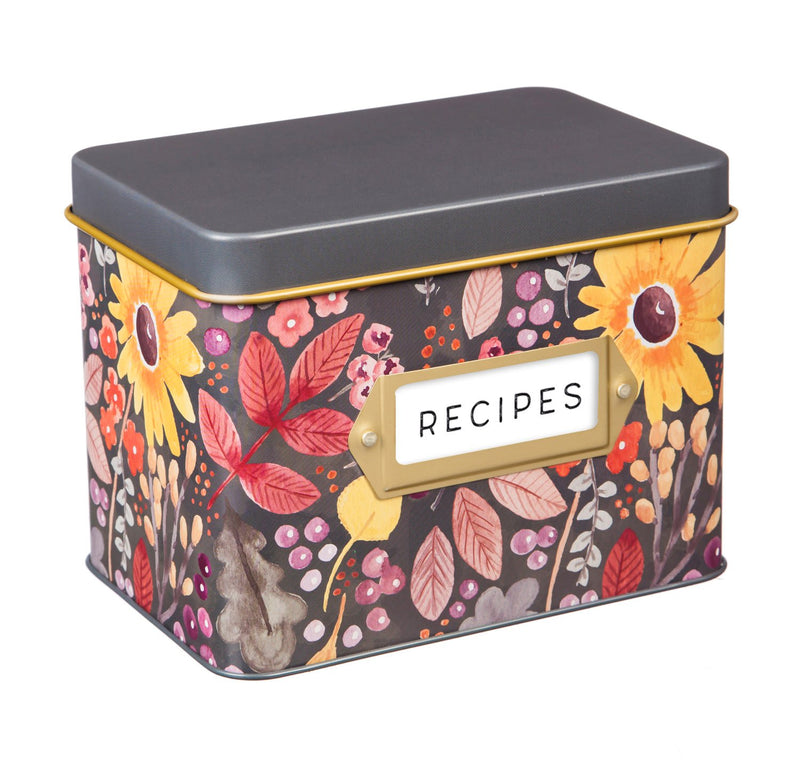 Evergreen Recipe Tin w/ Recipe Cards and Ceramic Cup, Give Thanks Flowers, 4.68'' x 3.2'' x 3.76'' inches