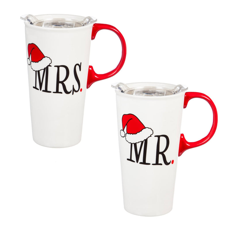 Evergreen Cermaic Travel Cups Giftset, Mr and Mrs, 3.5'' x 5.25'' x 7'' inches