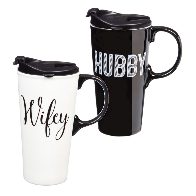 Evergreen Cermaic Travel Cups Giftset, Hubby and Wifey, 3.5'' x 5.25'' x 7'' inches