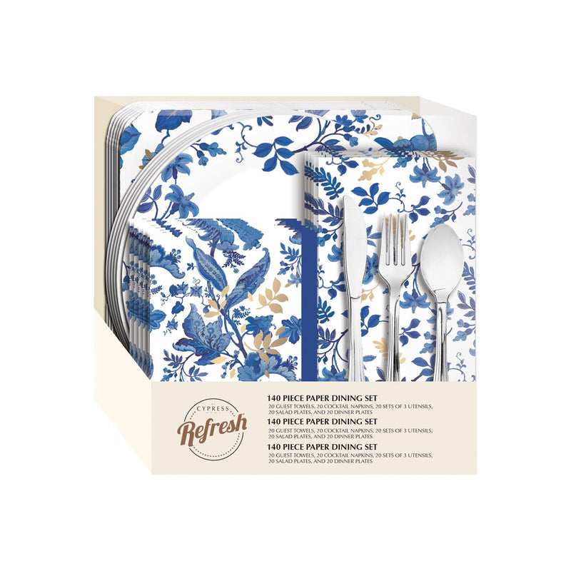 Evergreen Party Set for 10,  85 PIECE Paper Dining Set, Blue Floral Toile, 9.5'' x 10.6'' x 2.75'' inches