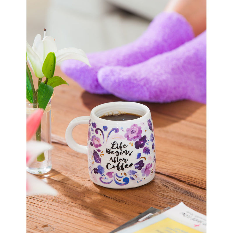 Evergreen Ceramic Cup and Sock Gift set, 12 OZ, Life Begins after Coffee, 4.5'' x 3.5'' x 3.75'' inches