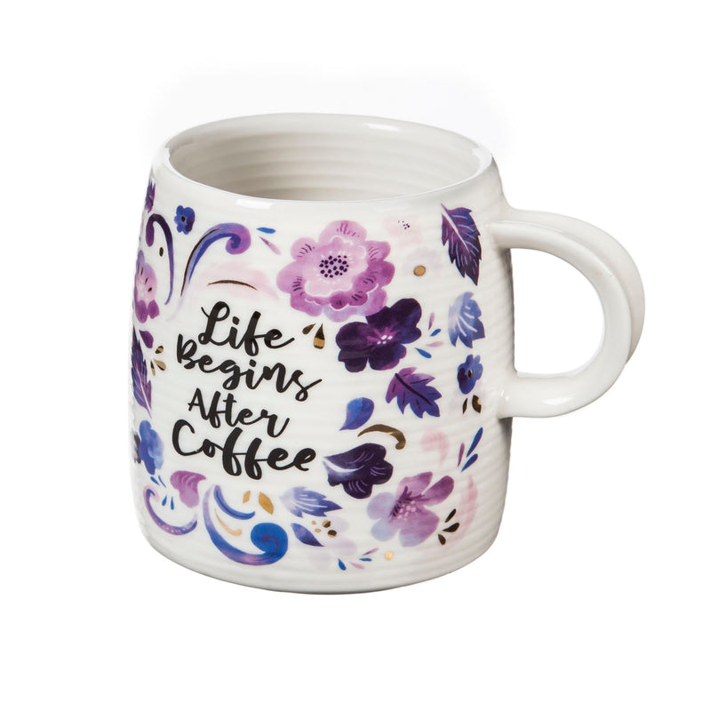 Evergreen Ceramic Cup and Sock Gift set, 12 OZ, Life Begins after Coffee, 4.5'' x 3.5'' x 3.75'' inches