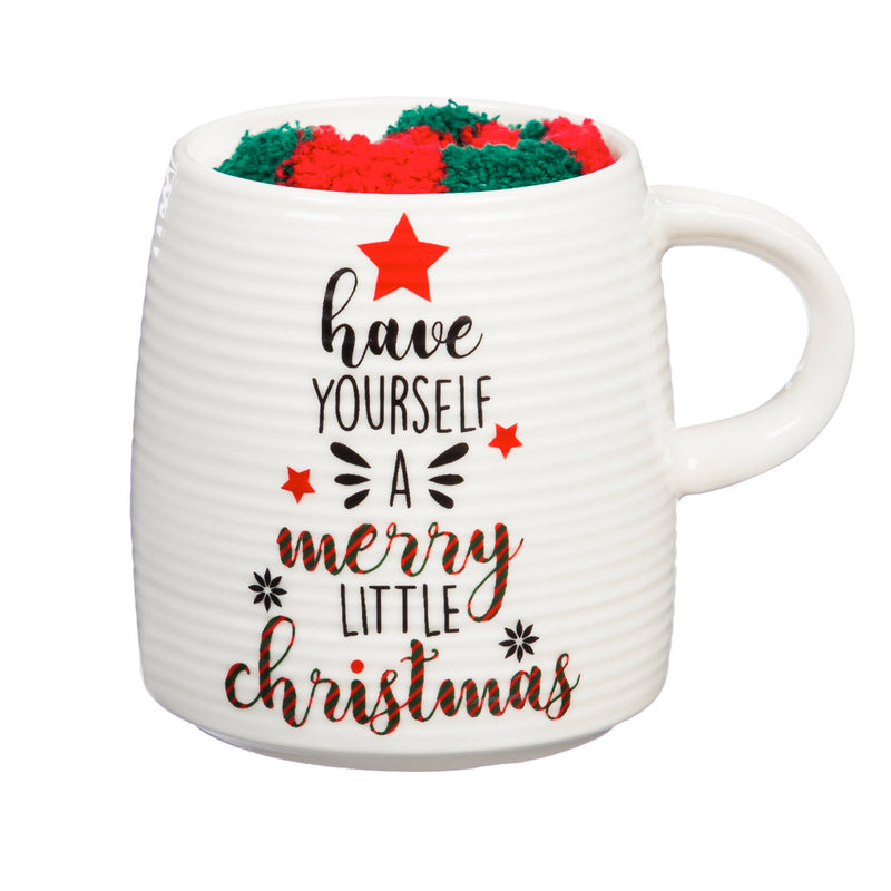 Evergreen Ceramic Cup and Sock Gift set, 12 OZ, Merry Little Christmas, 4.72'' x 3.74'' x 3.7'' inches
