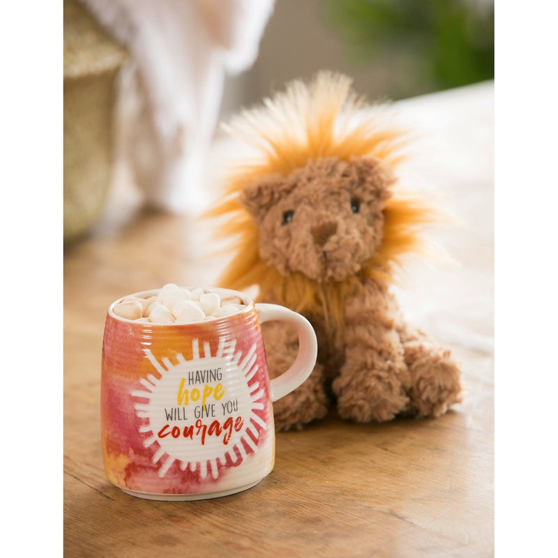 Evergreen Ceramic Cup with Plush Lion, 3.75'' x 3.5'' x 4.5'' inches