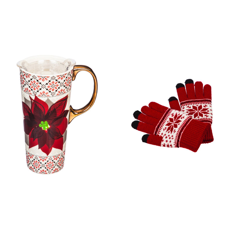 Evergreen Ceramic Travel Cup, 17 OZ. ,w/ Tritan Lid and Glove Gift Set, Poinsettia and Sweater Pattern, 5.25'' x 3.6'' x 7'' inches