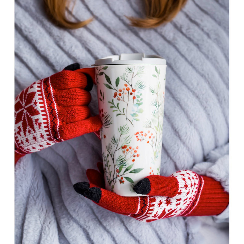 Evergreen Ceramic Travel Cup, 17 OZ. ,w/ Glove Gift Set, Christmas Heritage, 5.25'' x 3.6'' x 7'' inches