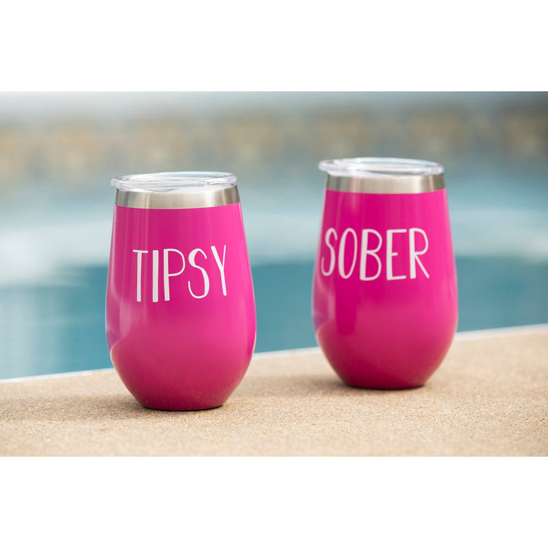 Double Wall Vacuum Wine Tumbler Gift Set, Set of 2, 12 OZ, Double-sided:  Tipsy/Tipped & Sober/Drunk,p3755002