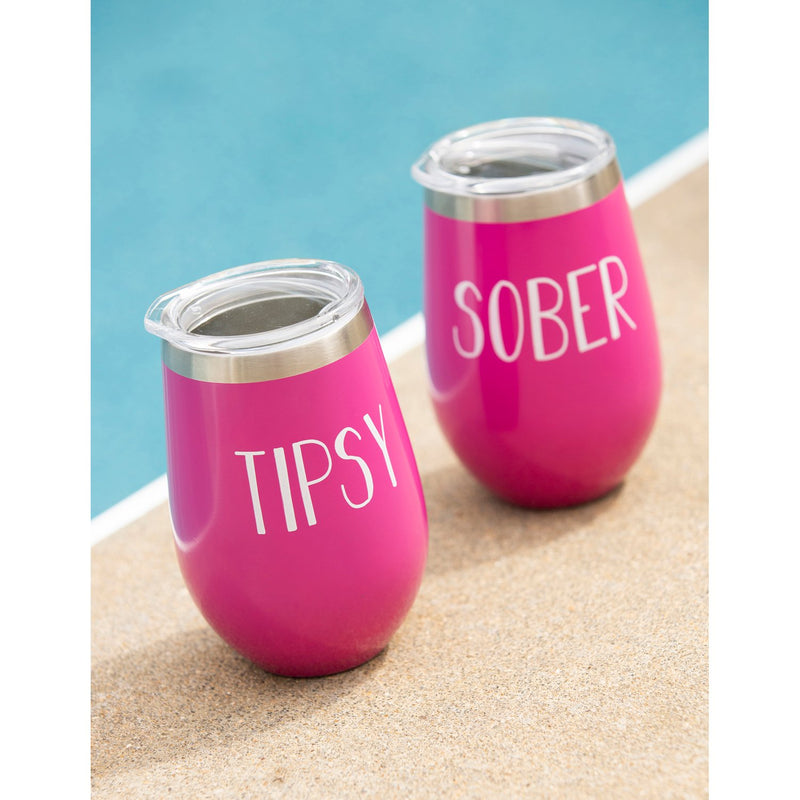 Double Wall Vacuum Wine Tumbler Gift Set, Set of 2, 12 OZ, Double-sided:  Tipsy/Tipped & Sober/Drunk,p3755002