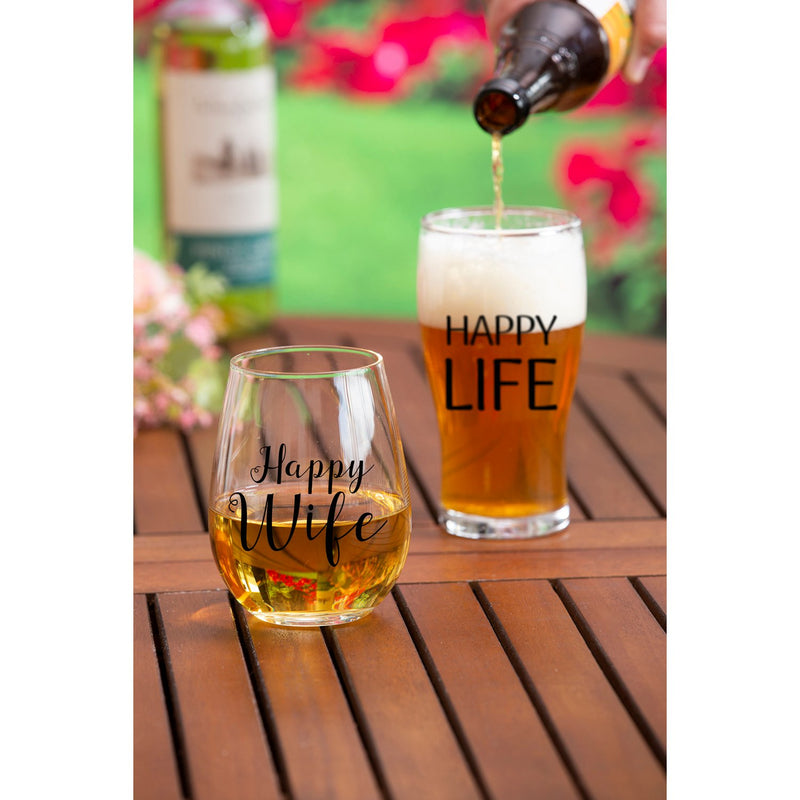 Evergreen Stemless 17 OZ Wine Glass & Beer 16 OZ Cup Gift Set, Happy Wife/Happy Life, 3.75'' x 3.75'' x 5'' inches