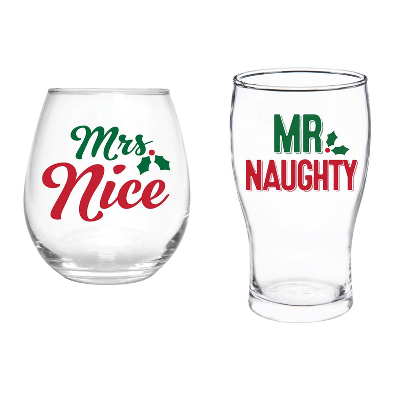 Stemless 17 OZ Wine Glass & Beer 16 OZ Cup Gift Set, Mrs Nice/Mr Naughty,p3845003