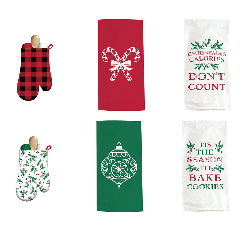 Oven Mitt, Tea Towels, and Wooden Spoon Gift Set, 2 Asst Design, 6 of each, 12 Sets Total,p3923