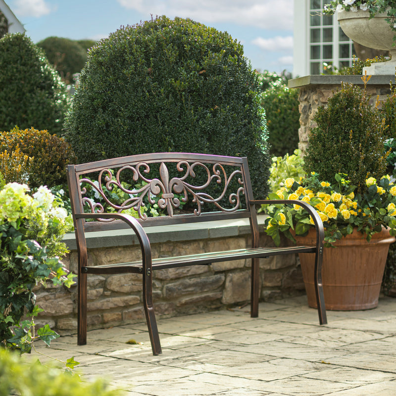 Evergreen Deck & Patio Decor,Garden Metal Bench, Fleur de Lis,48x21x34 Inches